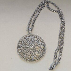 Vintage ROGET Silver Tone Chain Link Round Ornate Scroll Pendant Necklace